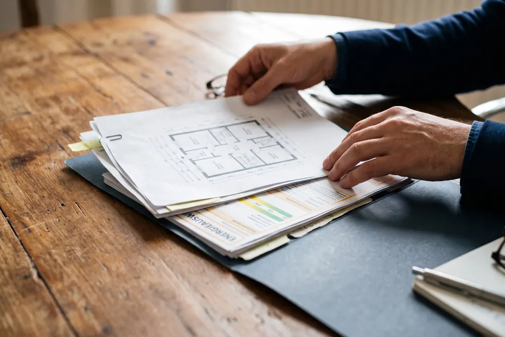 Hände sortieren eine Mappe mit Immobilienunterlagen auf einem Holztisch