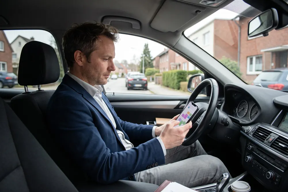Ein Makler im Auto vor einem Wohnhaus schaut nachdenklich auf sein Smartphone
